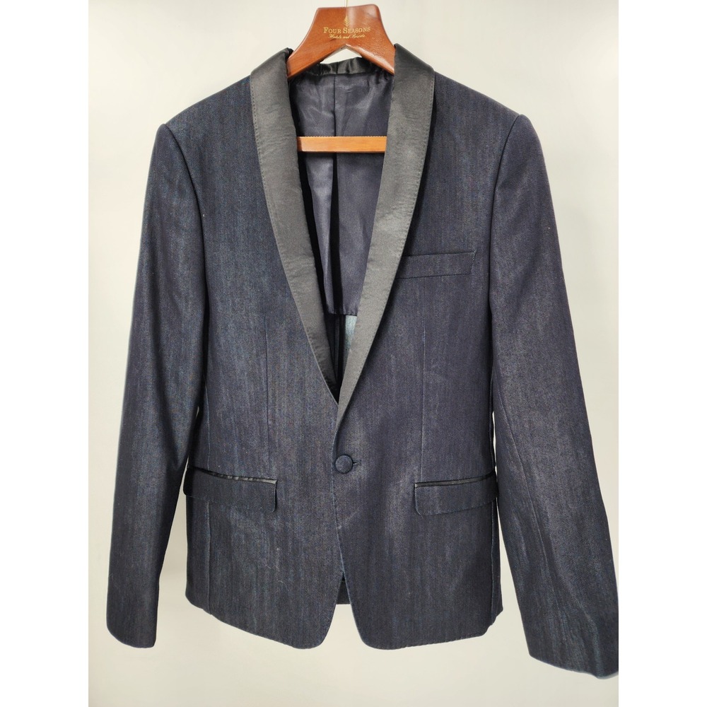 Zara Man Denim Tuxedo Blazer Dark Wash Shawl Lapel Single Button Jacket Mens 40